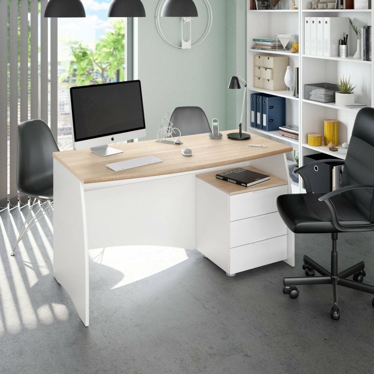 Scrivania Carrollton, Scrittoio da ufficio, Tavolo da studio porta PC con 3 cassetti, 136x67h74 cm, Bianco e Rovere