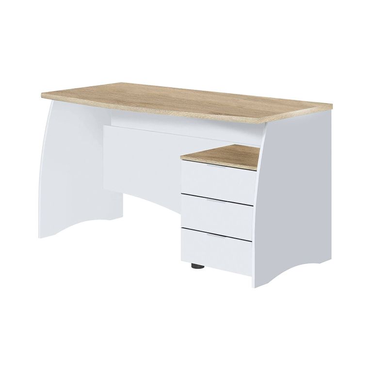 Scrivania Carrollton, Scrittoio da ufficio, Tavolo da studio porta PC con 3 cassetti, 136x67h74 cm, Bianco e Rovere