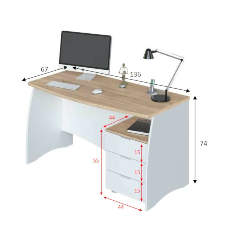Scrivania Carrollton, Scrittoio da ufficio, Tavolo da studio porta PC con 3 cassetti, 136x67h74 cm, Bianco e Rovere