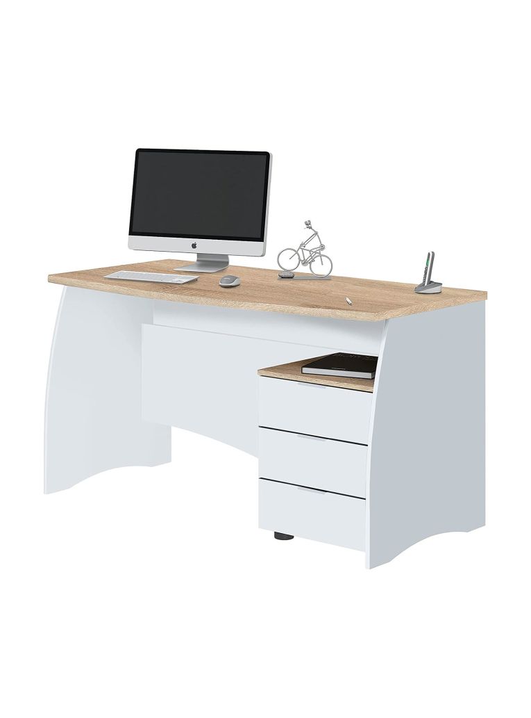 Scrivania Carrollton, Scrittoio da ufficio, Tavolo da studio porta PC con 3 cassetti, 136x67h74 cm, Bianco e Rovere