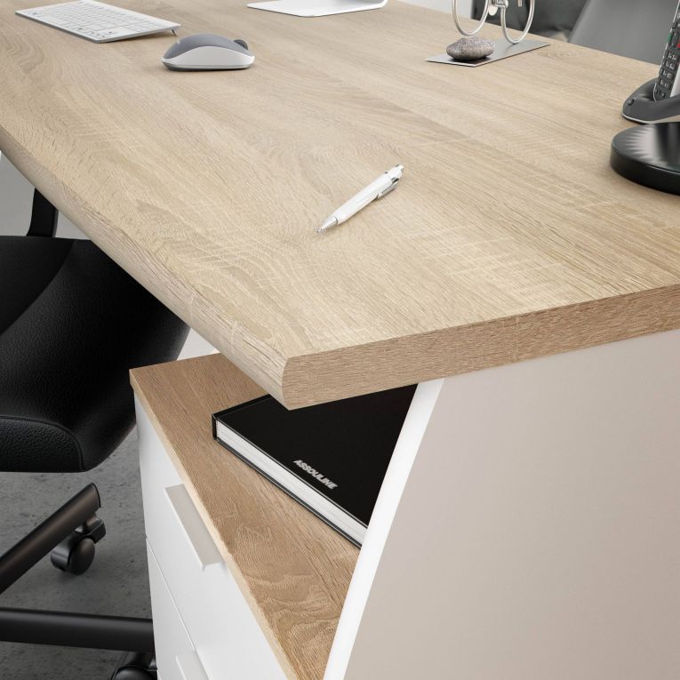 Scrivania Carrollton, Scrittoio da ufficio, Tavolo da studio porta PC con 3 cassetti, 136x67h74 cm, Bianco e Rovere