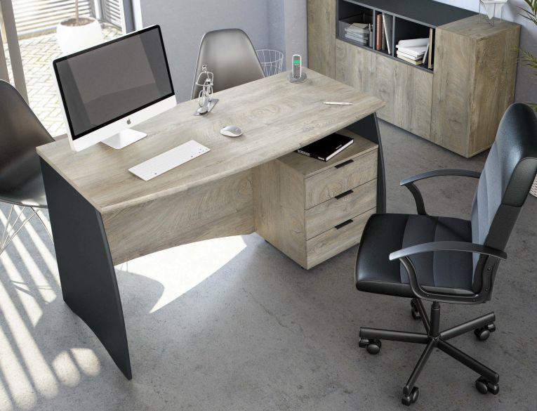 Scrivania Carrollton, Scrittoio da ufficio, Tavolo da studio porta PC con 3 cassetti, 136x67h74 cm, Rovere e Antracite