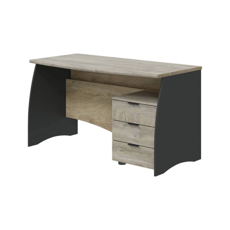 Scrivania Carrollton, Scrittoio da ufficio, Tavolo da studio porta PC con 3 cassetti, 136x67h74 cm, Rovere e Antracite