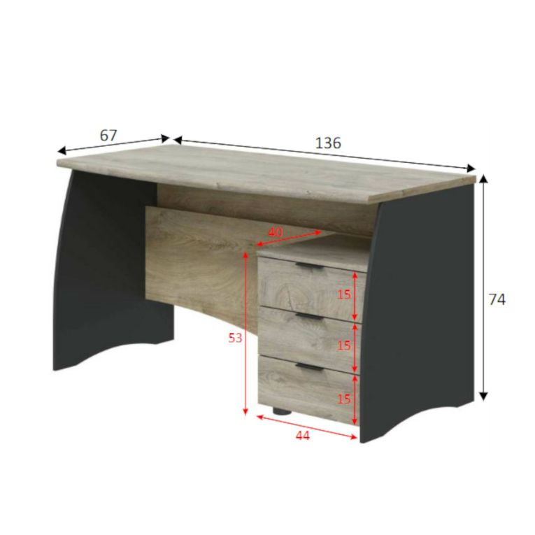 Scrivania Carrollton, Scrittoio da ufficio, Tavolo da studio porta PC con 3 cassetti, 136x67h74 cm, Rovere e Antracite