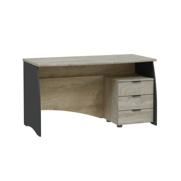 Scrivania Carrollton, Scrittoio da ufficio, Tavolo da studio porta PC con 3 cassetti, 136x67h74 cm, Rovere e Antracite