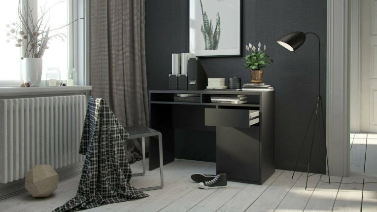 Scrivania Cherie, Scrittoio multiuso, Tavolo per ufficio porta PC, Piano di lavoro, 110x48 h77 cm, Nero