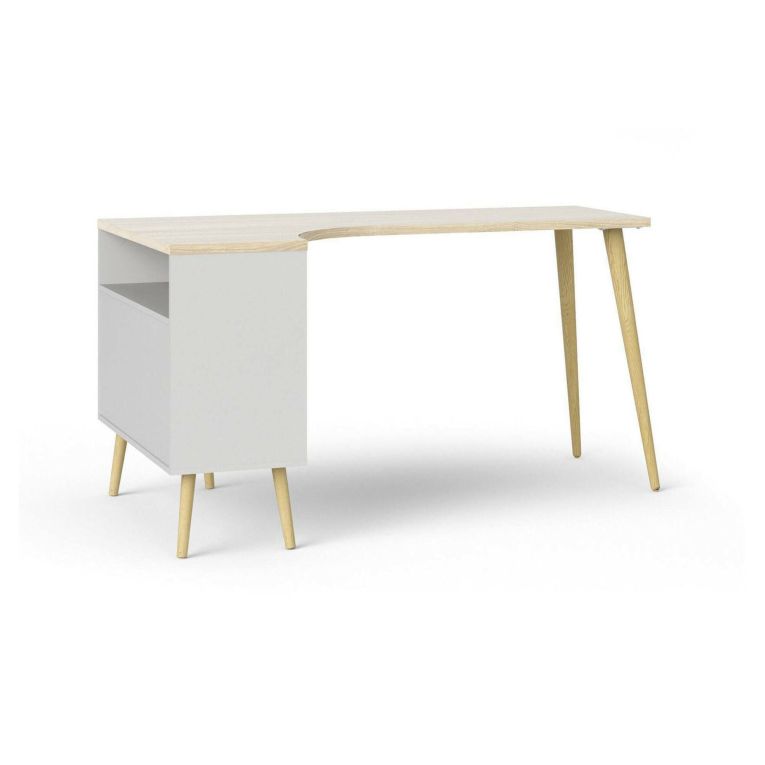 Scrivania Clarisse, Scrittoio multiuso, Tavolo per ufficio porta PC, Piano di lavoro, 145x81 h76 cm, Bianco e Quercia