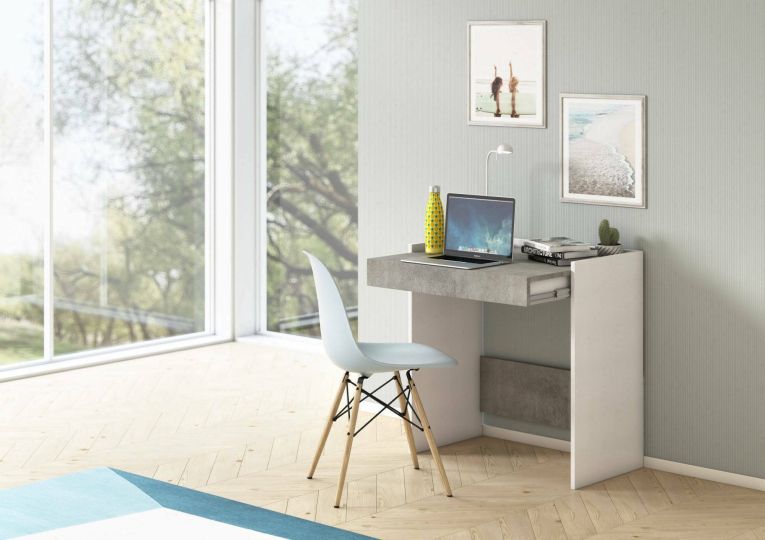 Scrivania Clematide, Scrittoio moderno con cassetto, Tavolo da studio o ufficio porta PC portalibri, 100% Made in Italy, 80x40h79 cm, Bianco e Cemento