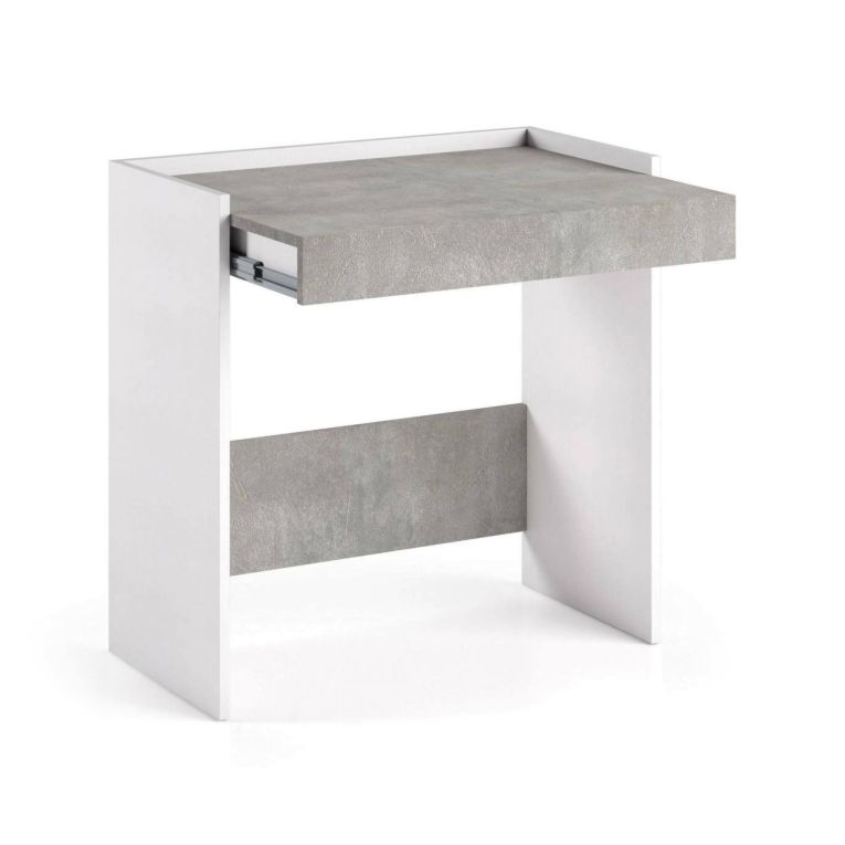 Scrivania Clematide, Scrittoio moderno con cassetto, Tavolo da studio o ufficio porta PC portalibri, 100% Made in Italy, 80x40h79 cm, Bianco e Cemento