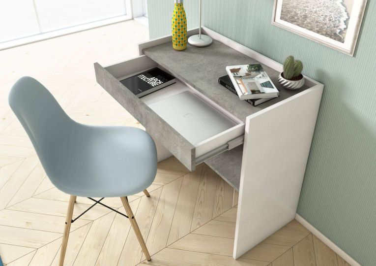 Scrivania Clematide, Scrittoio moderno con cassetto, Tavolo da studio o ufficio porta PC portalibri, 100% Made in Italy, 80x40h79 cm, Bianco e Cemento