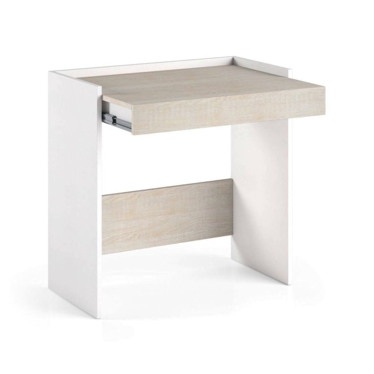 Scrivania Clematide, Scrittoio moderno con cassetto, Tavolo da studio o ufficio porta PC portalibri, 100% Made in Italy, 80x40h79 cm, Bianco e Rovere