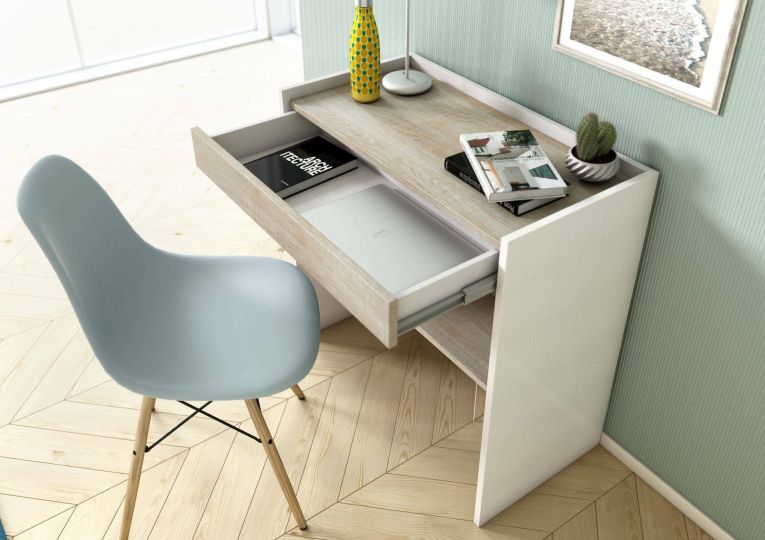 Scrivania Clematide, Scrittoio moderno con cassetto, Tavolo da studio o ufficio porta PC portalibri, 100% Made in Italy, 80x40h79 cm, Bianco e Rovere