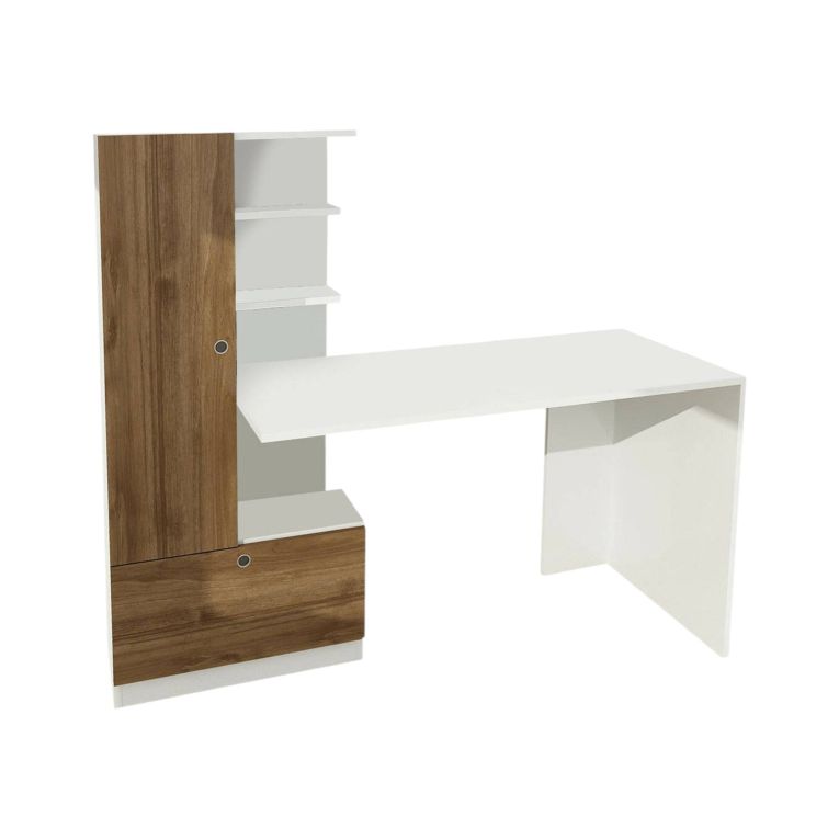 Scrivania Clytia, Scrittoio multiuso, Tavolo per ufficio porta PC, Piano di lavoro, 150x62 h120 cm, Bianco e Noce