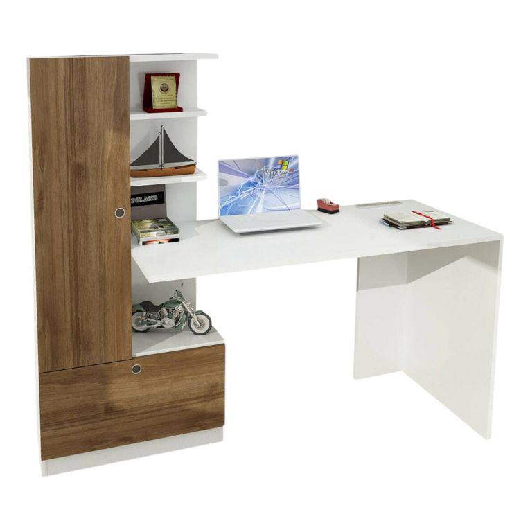 Scrivania Clytia, Scrittoio multiuso, Tavolo per ufficio porta PC, Piano di lavoro, 150x62 h120 cm, Bianco e Noce
