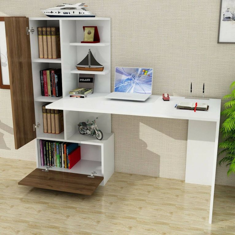 Scrivania Clytia, Scrittoio multiuso, Tavolo per ufficio porta PC, Piano di lavoro, 150x62 h120 cm, Bianco e Noce
