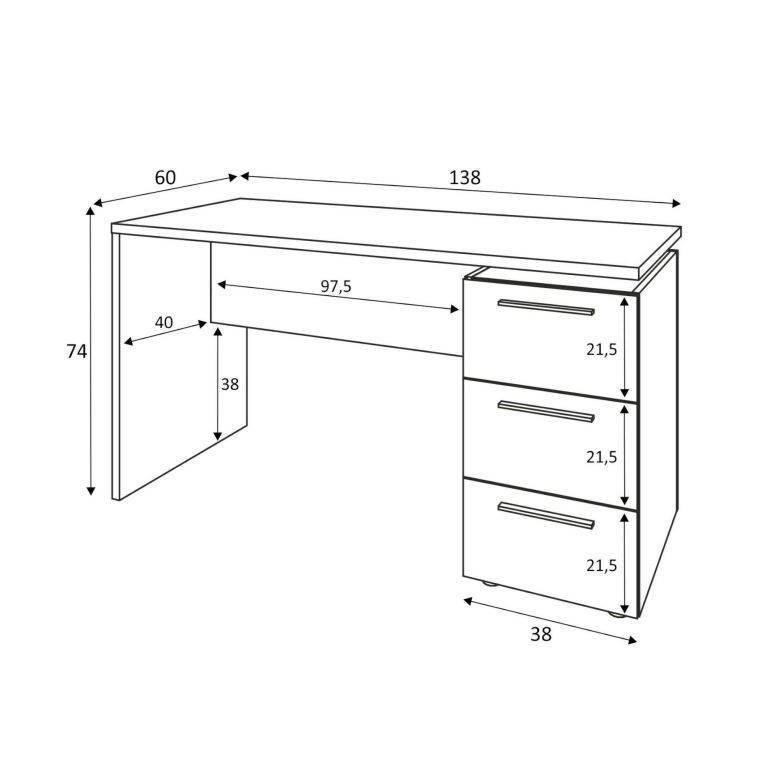 Scrivania Dallas, Scrittoio da ufficio moderno, Tavolo da studio con cassettiera a 2 cassetti e 1 anta, 138x60h74 cm, Bianco