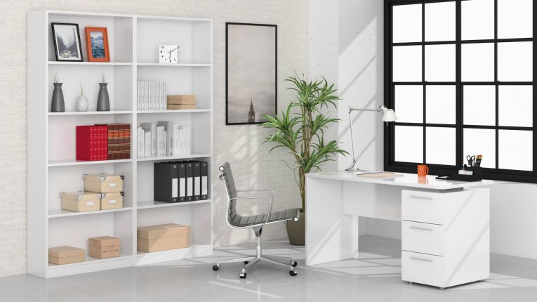 Scrivania Dallas, Scrittoio da ufficio moderno, Tavolo da studio con cassettiera a 2 cassetti e 1 anta, 138x60h74 cm, Bianco