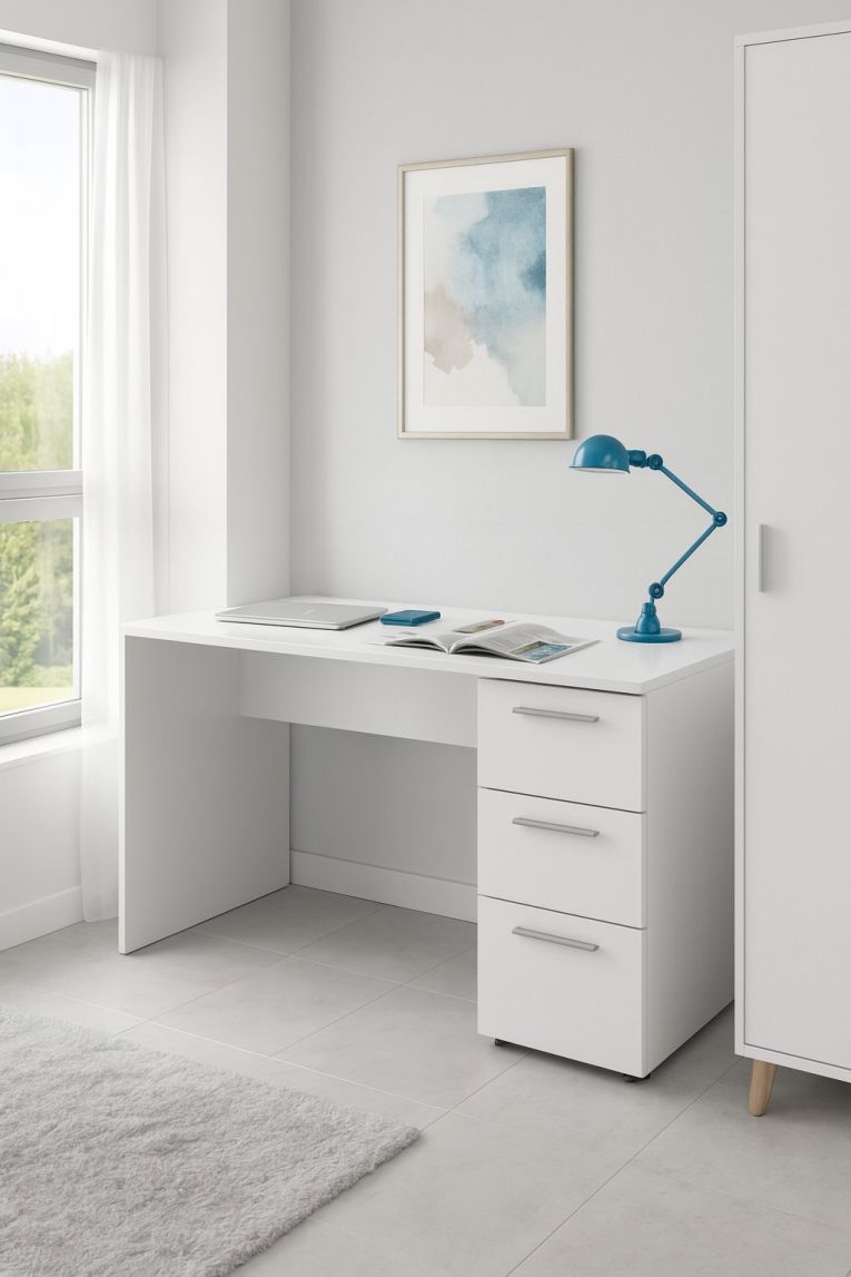 Scrivania Dallas, Scrittoio da ufficio moderno, Tavolo da studio con cassettiera a 2 cassetti e 1 anta, 138x60h74 cm, Bianco
