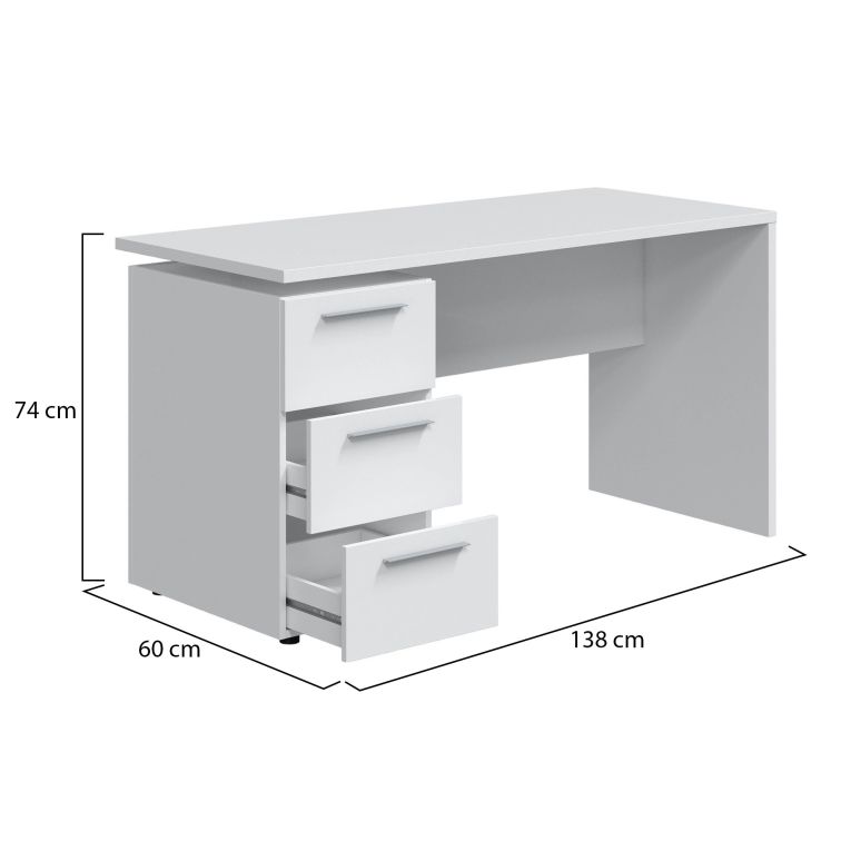 Scrivania Dallas, Scrittoio da ufficio moderno, Tavolo da studio con cassettiera a 2 cassetti e 1 anta, 138x60h74 cm, Bianco