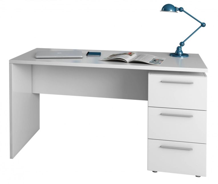 Scrivania Dallas, Scrittoio da ufficio moderno, Tavolo da studio con cassettiera a 2 cassetti e 1 anta, 138x60h74 cm, Bianco