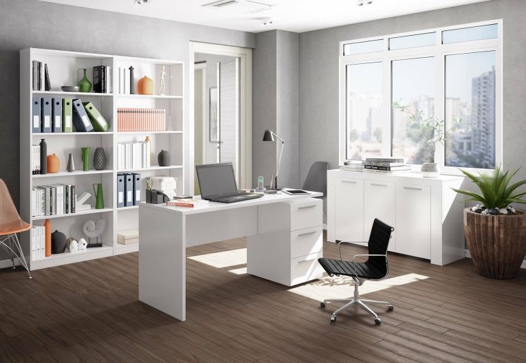 Scrivania Dallas, Scrittoio da ufficio moderno, Tavolo da studio con cassettiera a 2 cassetti e 1 anta, 138x60h74 cm, Bianco