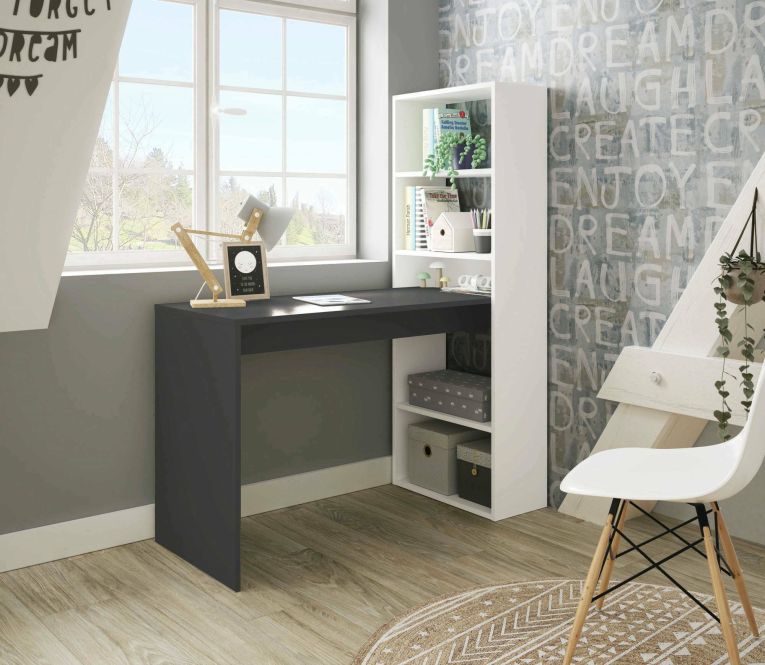 Scrivania Denton, Scrittoio multifunzione reversibile con libreria a 5 ripiani, Tavolo da studio o ufficio porta PC portalibri, 120x53h144 cm, Bianco e Antracite