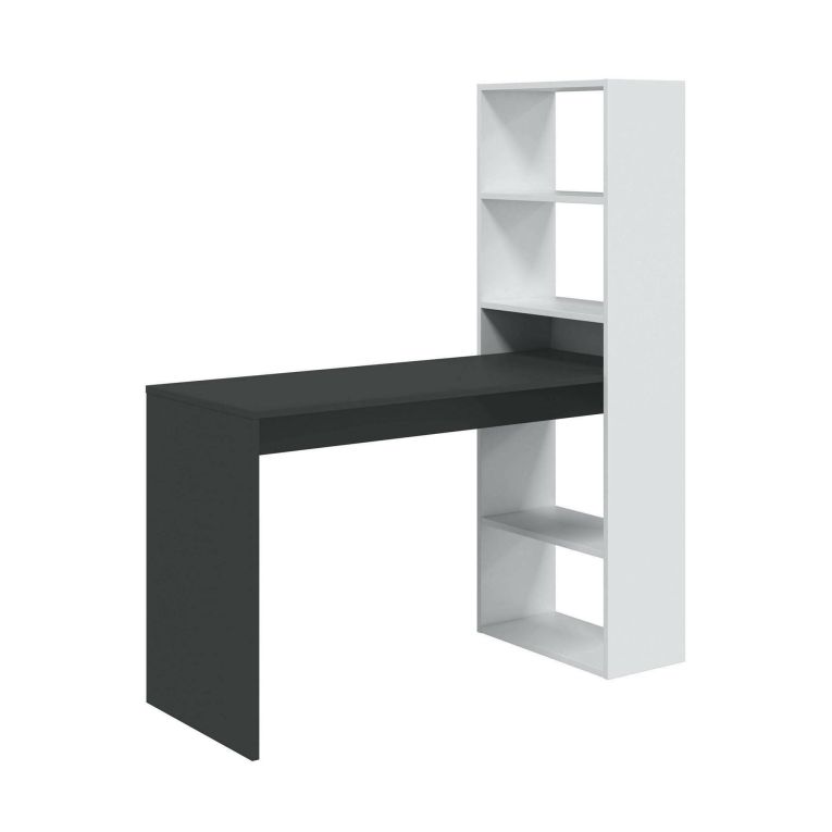 Scrivania Denton, Scrittoio multifunzione reversibile con libreria a 5 ripiani, Tavolo da studio o ufficio porta PC portalibri, 120x53h144 cm, Bianco e Antracite