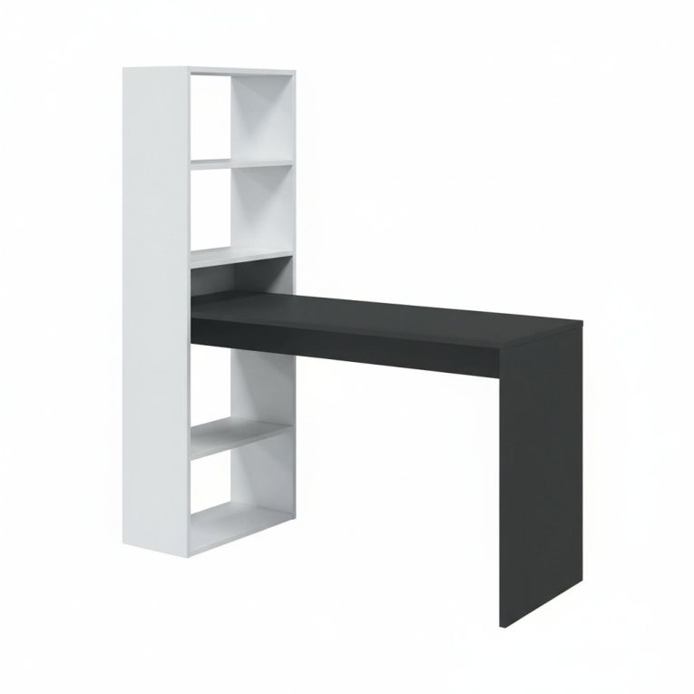 Scrivania Denton, Scrittoio multifunzione reversibile con libreria a 5 ripiani, Tavolo da studio o ufficio porta PC portalibri, 120x53h144 cm, Bianco e Antracite