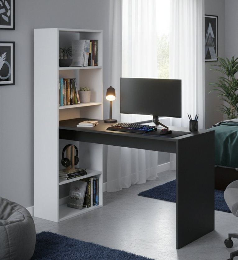 Scrivania Denton, Scrittoio multifunzione reversibile con libreria a 5 ripiani, Tavolo da studio o ufficio porta PC portalibri, 120x53h144 cm, Bianco e Antracite