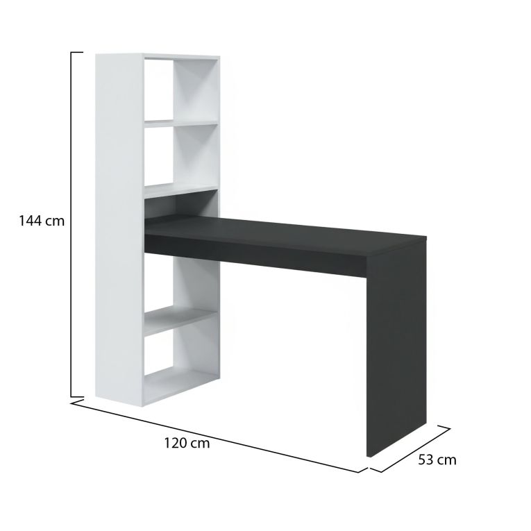 Scrivania Denton, Scrittoio multifunzione reversibile con libreria a 5 ripiani, Tavolo da studio o ufficio porta PC portalibri, 120x53h144 cm, Bianco e Antracite