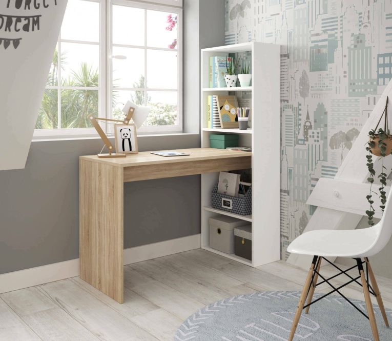 Scrivania Denton, Scrittoio multifunzione reversibile con libreria a 5 ripiani, Tavolo da studio o ufficio porta PC portalibri, 120x53h144 cm, Bianco e Rovere
