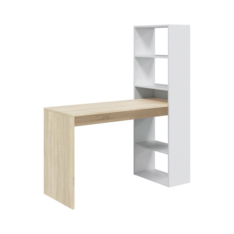 Scrivania Denton, Scrittoio multifunzione reversibile con libreria a 5 ripiani, Tavolo da studio o ufficio porta PC portalibri, 120x53h144 cm, Bianco e Rovere