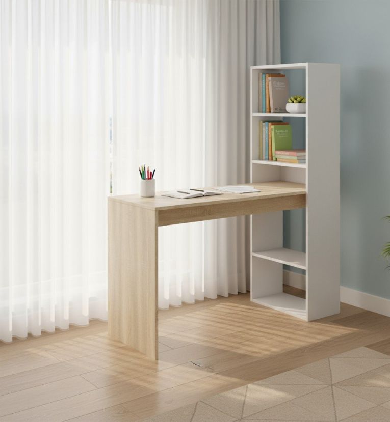Scrivania Denton, Scrittoio multifunzione reversibile con libreria a 5 ripiani, Tavolo da studio o ufficio porta PC portalibri, 120x53h144 cm, Bianco e Rovere