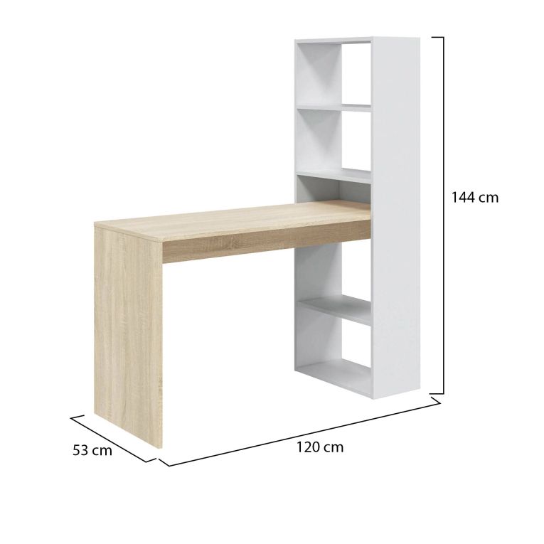 Scrivania Denton, Scrittoio multifunzione reversibile con libreria a 5 ripiani, Tavolo da studio o ufficio porta PC portalibri, 120x53h144 cm, Bianco e Rovere