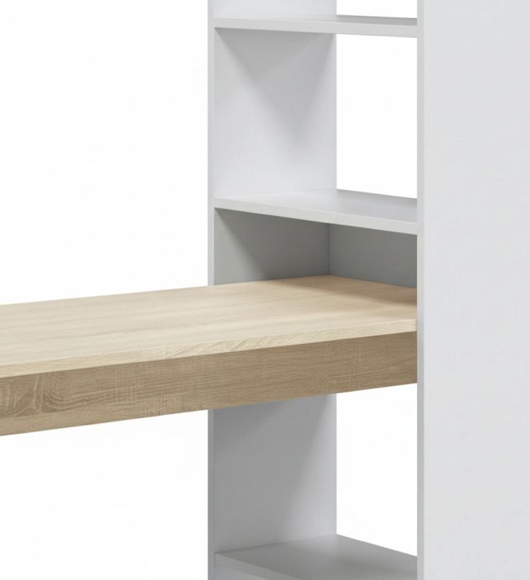 Scrivania Denton, Scrittoio multifunzione reversibile con libreria a 5 ripiani, Tavolo da studio o ufficio porta PC portalibri, 120x53h144 cm, Bianco e Rovere