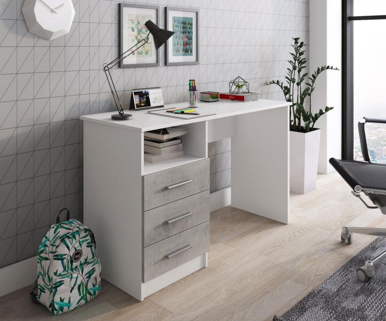 Scrivania Egeo, Scrittoio multiuso, Tavolo per ufficio porta PC, Piano di lavoro, 120x48h75 cm, Bianco e Cemento