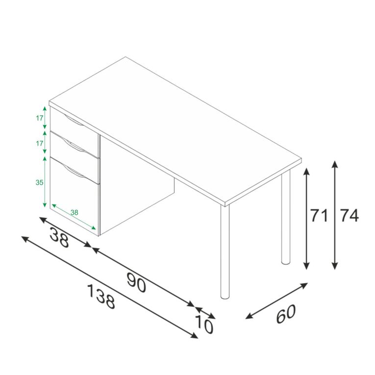 Scrivania Filadelfia, Scrittoio multifunzione da ufficio reversibile, Tavolo da studio con cassettiera a 2 cassetti e 1 anta, 138x60h74 cm, Bianco