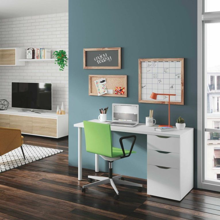 Scrivania Filadelfia, Scrittoio multifunzione da ufficio reversibile, Tavolo da studio con cassettiera a 2 cassetti e 1 anta, 138x60h74 cm, Bianco