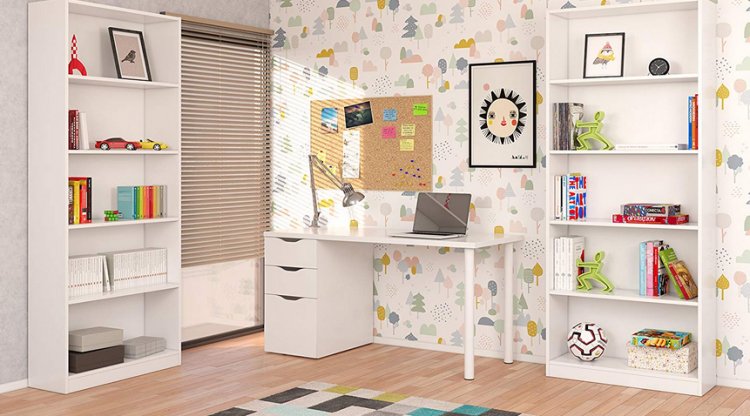 Scrivania Filadelfia, Scrittoio multifunzione da ufficio reversibile, Tavolo da studio con cassettiera a 2 cassetti e 1 anta, 138x60h74 cm, Bianco