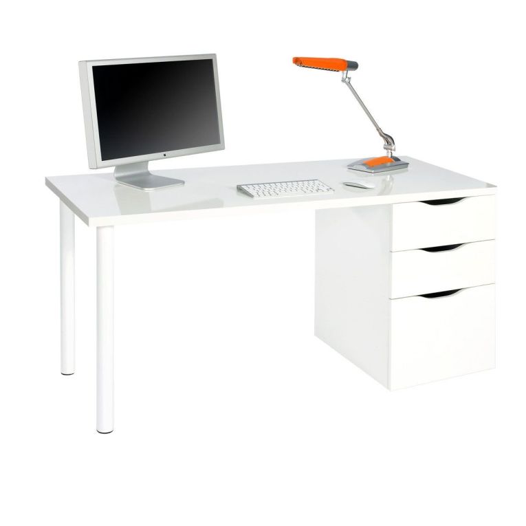Scrivania Filadelfia, Scrittoio multifunzione da ufficio reversibile, Tavolo da studio con cassettiera a 2 cassetti e 1 anta, 138x60h74 cm, Bianco