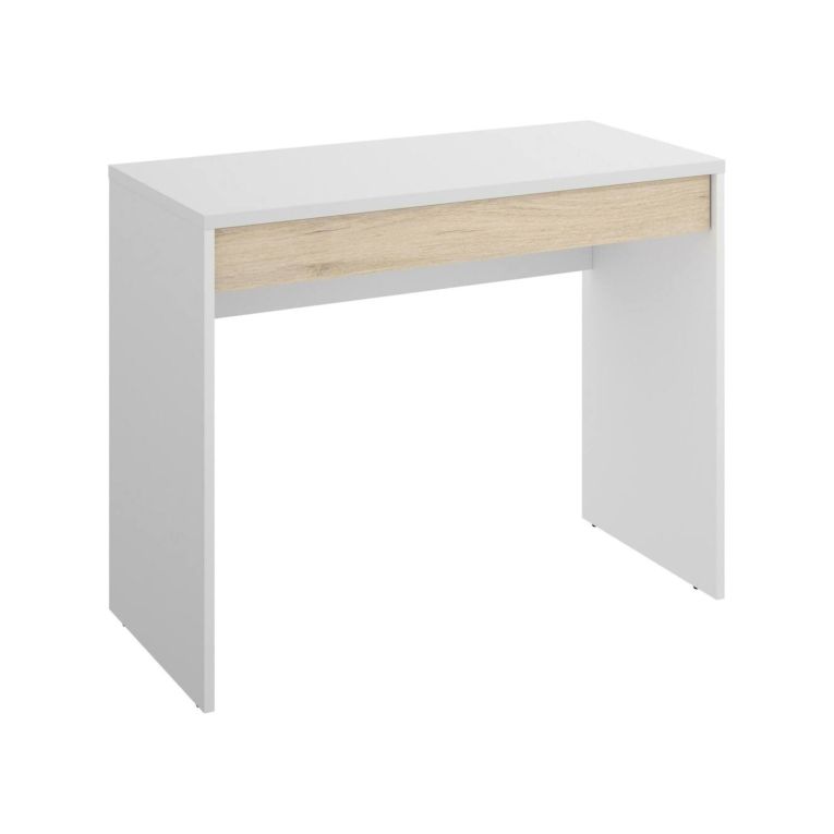 Scrivania Forato, Scrittoio ufficio salvaspazio multiuso, Tavolo da studio lineare con 1 cassetto, 90x50h74 cm, Bianco e Rovere