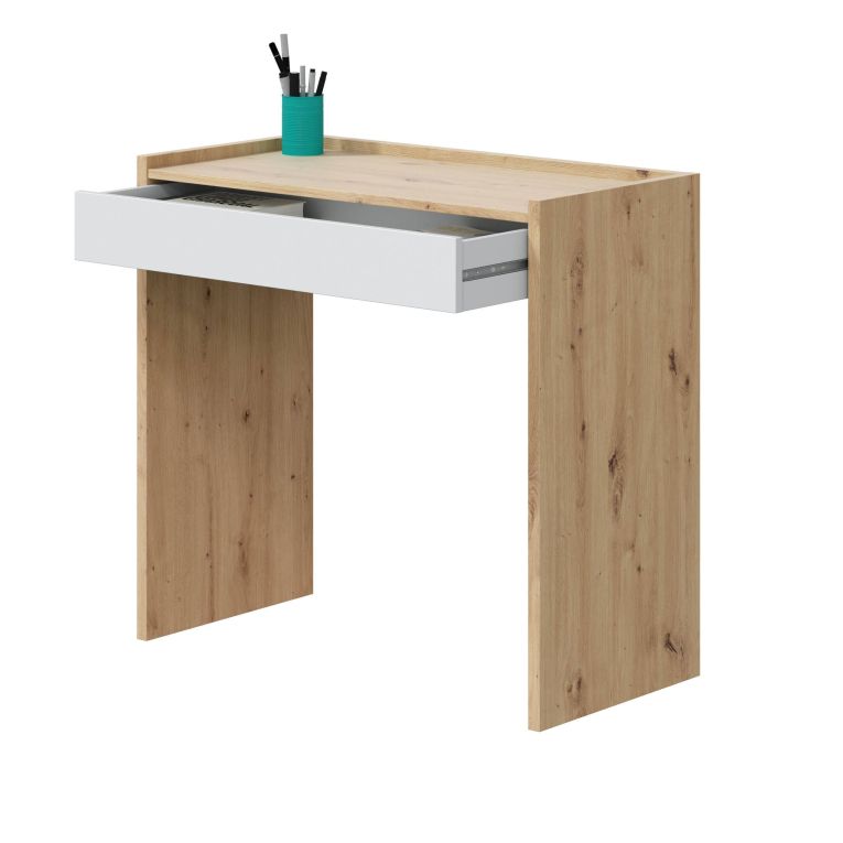 Scrivania Fresno, Scrittoio lineare con cassetto, Tavolo da studio o ufficio porta PC, 82x40h77 cm, Rovere nodi e Bianco