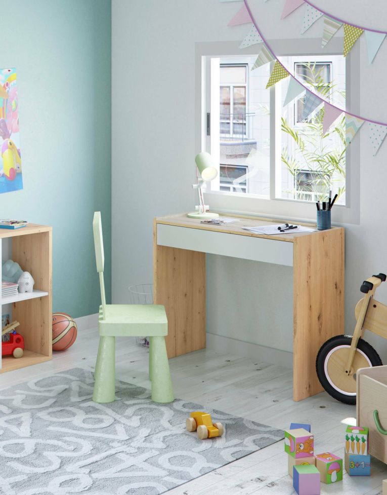 Scrivania Fresno, Scrittoio lineare con cassetto, Tavolo da studio o ufficio porta PC, 82x40h77 cm, Rovere nodi e Bianco