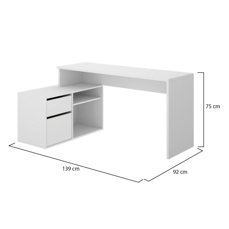 Scrivania Gardena, Scrittoio multiposizione da ufficio o cameretta, Tavolo da studio angolare multiuso, 139x92h75 cm, Bianco