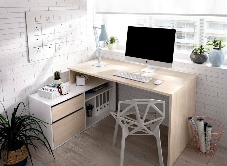 Scrivania Gardena, Scrittoio multiposizione da ufficio o cameretta, Tavolo da studio angolare multiuso, 139x92h75 cm, Bianco lucido e Rovere