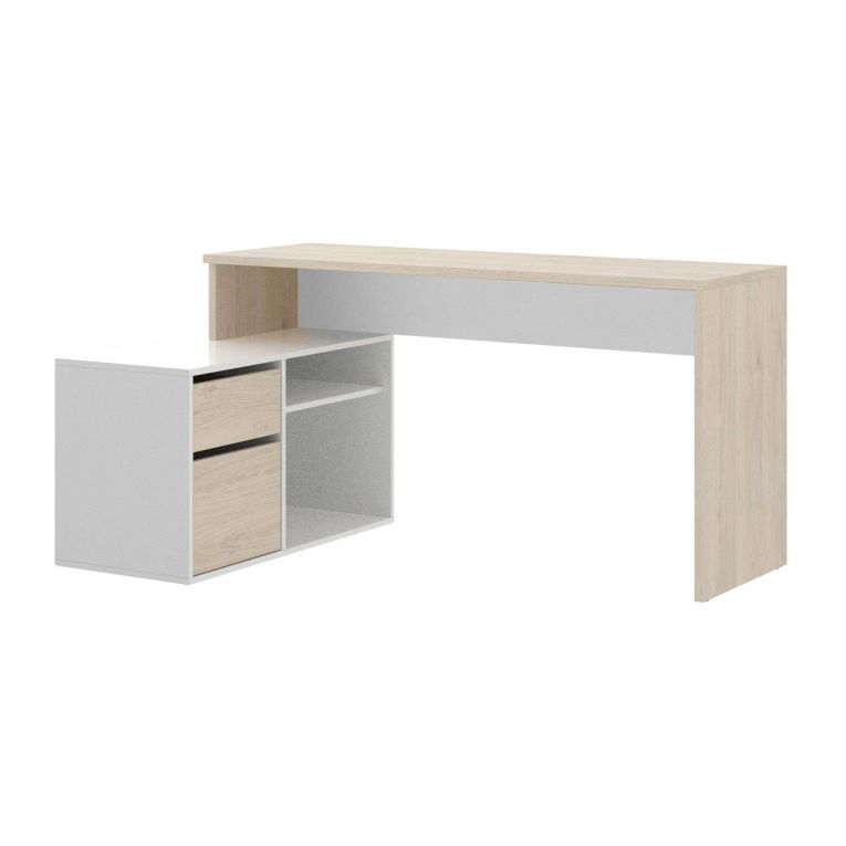 Scrivania Gardena, Scrittoio multiposizione da ufficio o cameretta, Tavolo da studio angolare multiuso, 139x92h75 cm, Bianco lucido e Rovere