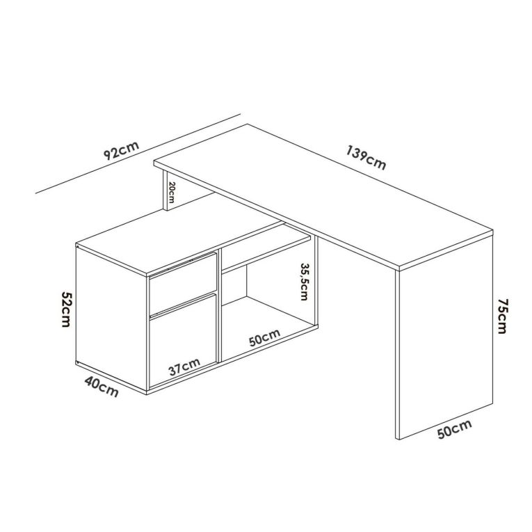Scrivania Gardena, Scrittoio multiposizione da ufficio o cameretta, Tavolo da studio angolare multiuso, 139x92h75 cm, Bianco lucido e Rovere