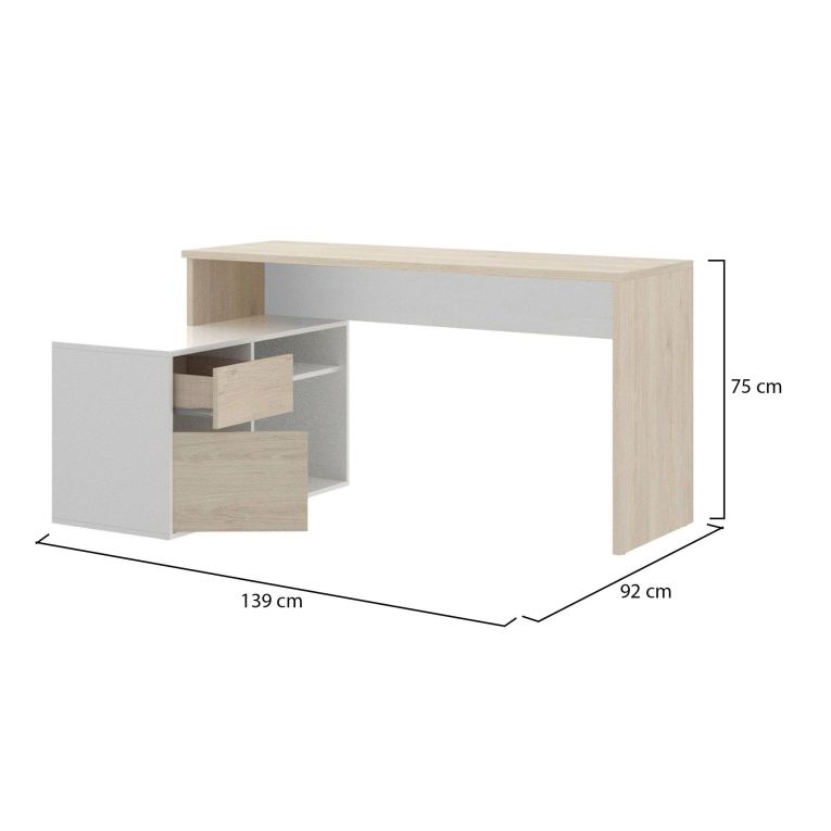 Scrivania Gardena, Scrittoio multiposizione da ufficio o cameretta, Tavolo da studio angolare multiuso, 139x92h75 cm, Bianco lucido e Rovere