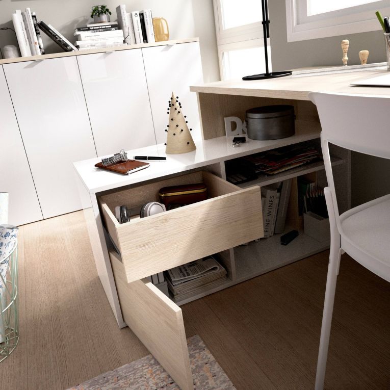 Scrivania Gardena, Scrittoio multiposizione da ufficio o cameretta, Tavolo da studio angolare multiuso, 139x92h75 cm, Bianco lucido e Rovere