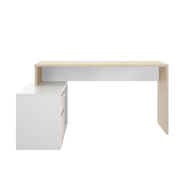 Scrivania Gardena, Scrittoio multiposizione da ufficio o cameretta, Tavolo da studio angolare multiuso, 139x92h75 cm, Bianco lucido e Rovere